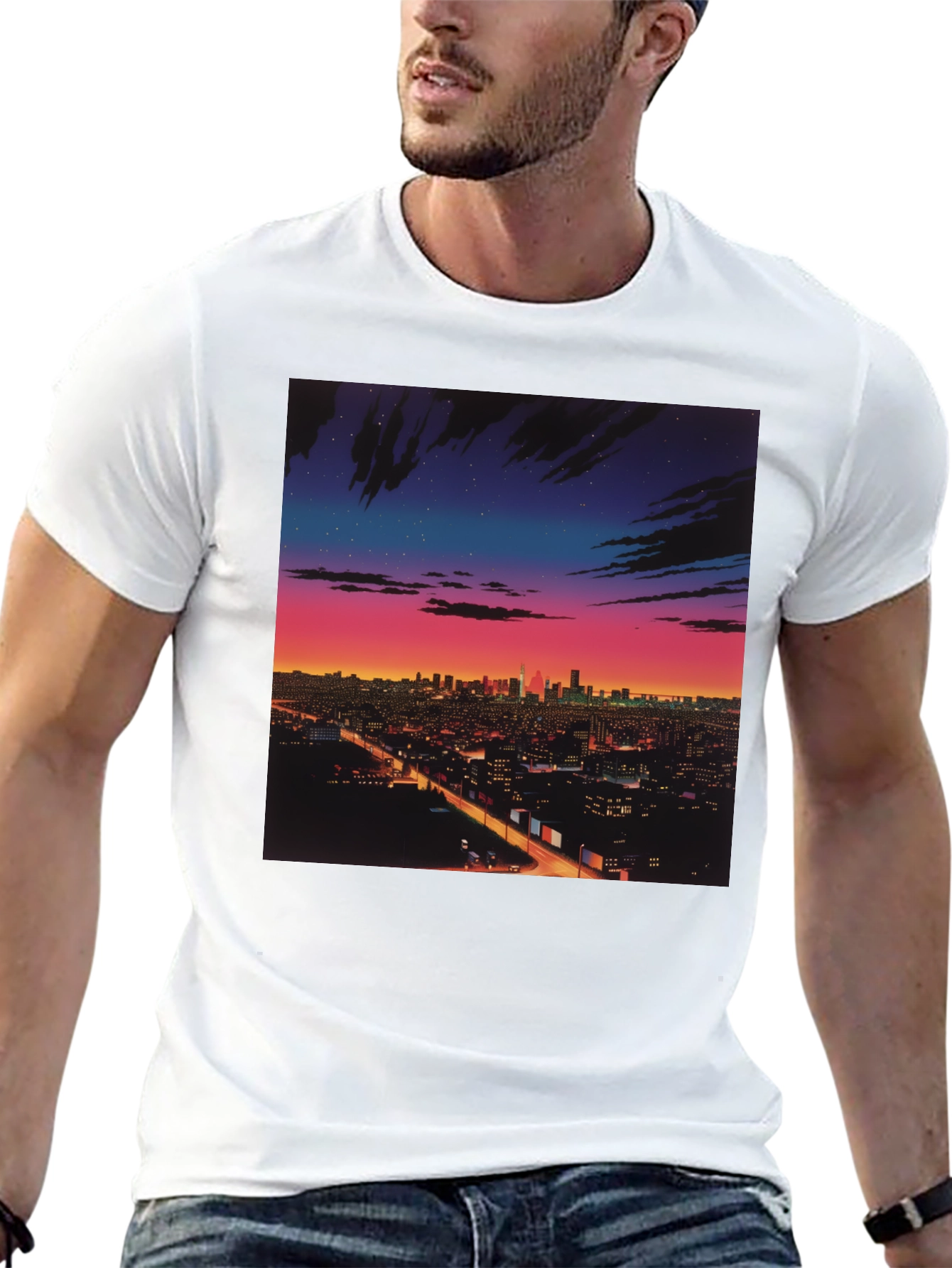 Night Cityscape Graphic Tee - Retro Vaporwave Style