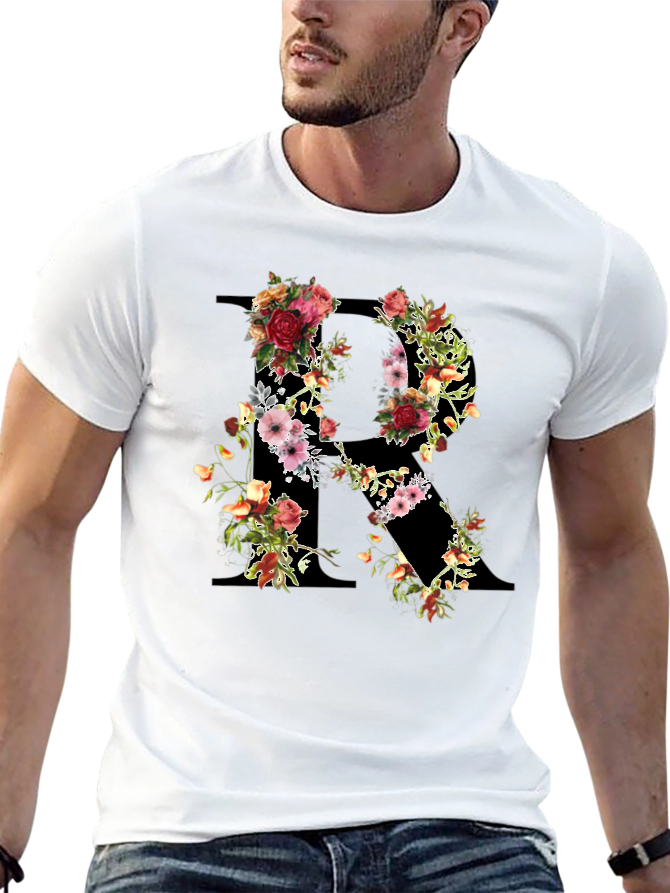 Floral Initial R Black T-Shirt