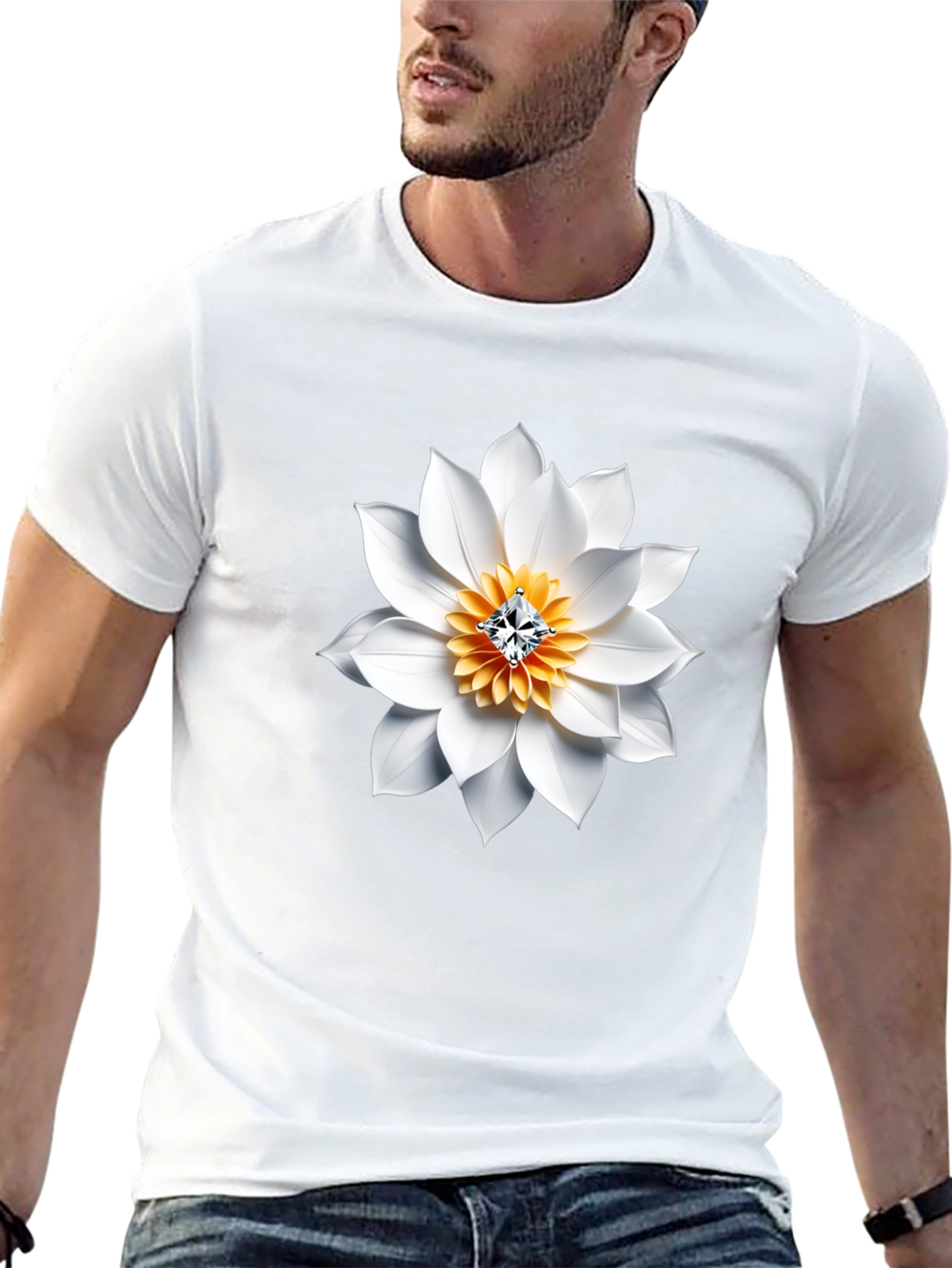 Black T-Shirt with White Floral Diamond Design