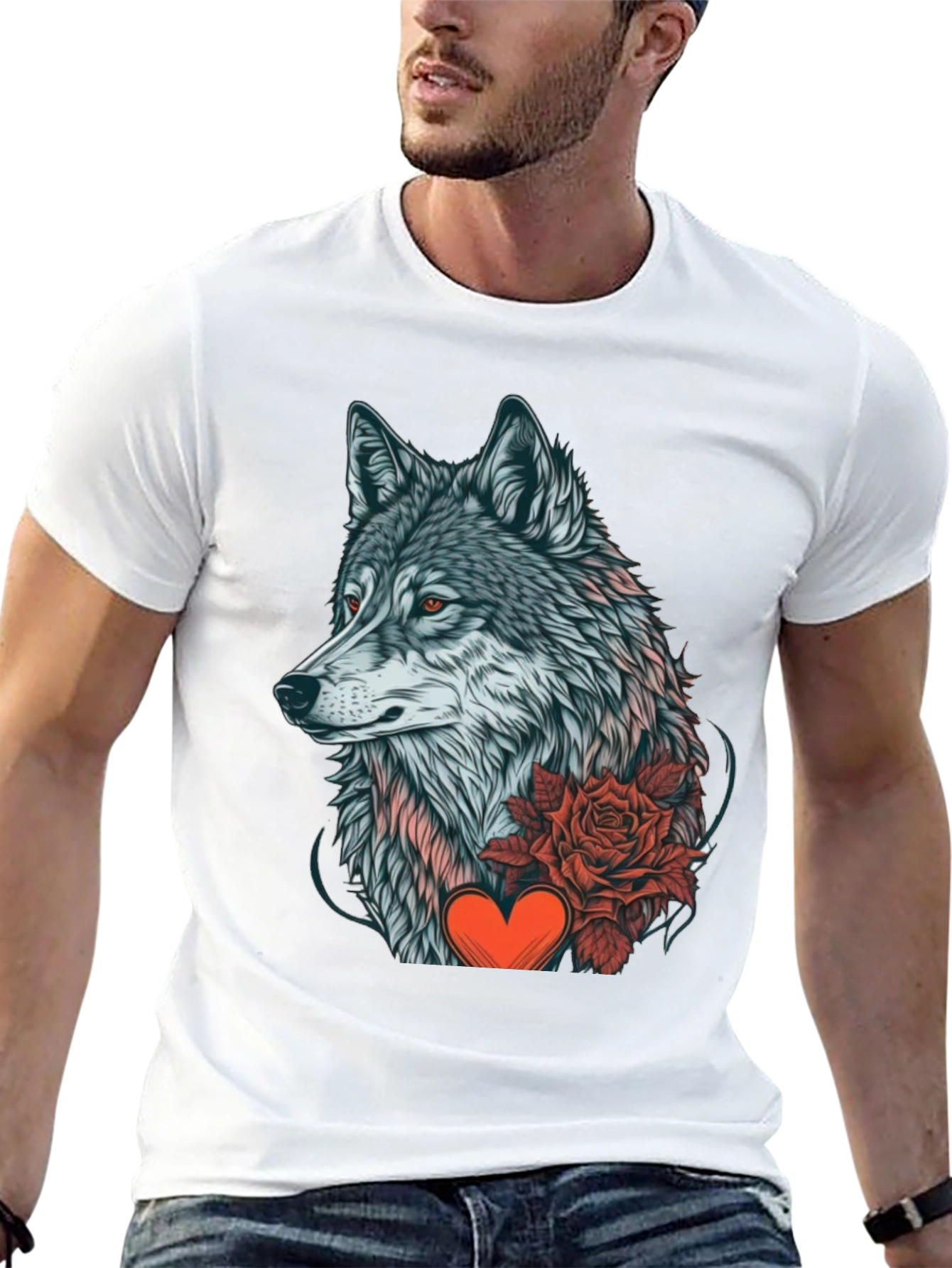 Wolf Rose Heart Graphic Black T-Shirt