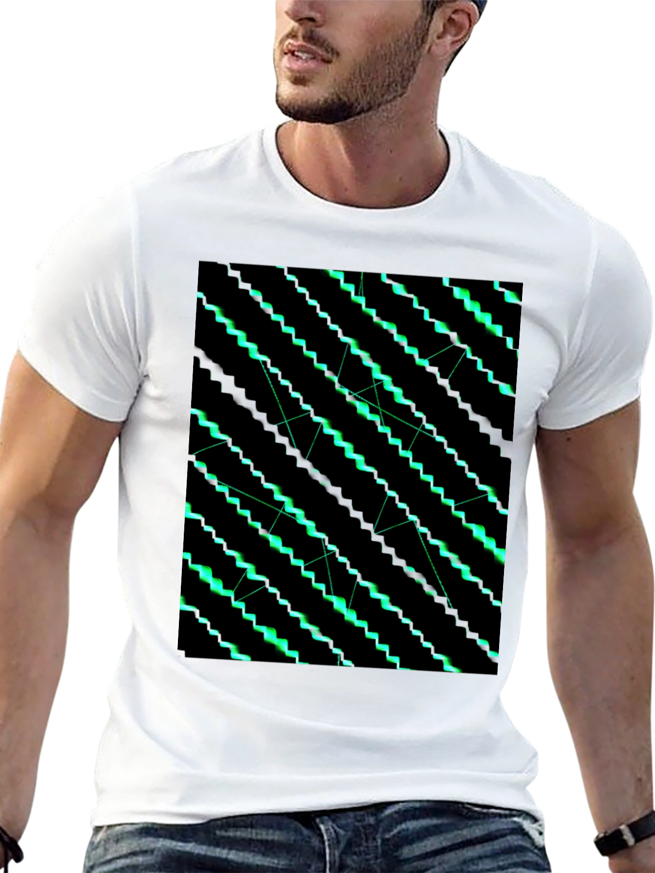 Geometric Green Pattern Black T-Shirt
