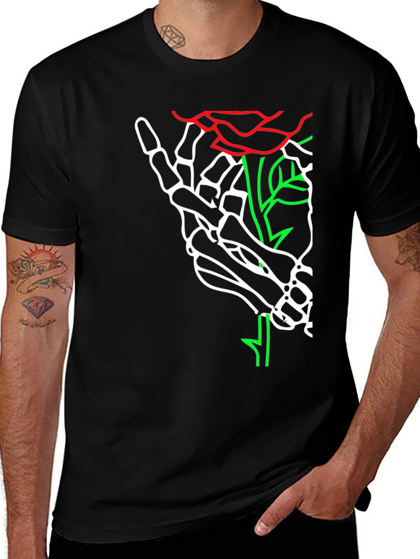 Skeleton Hand Rose Graphic Tee - Bold Black T-Shirt