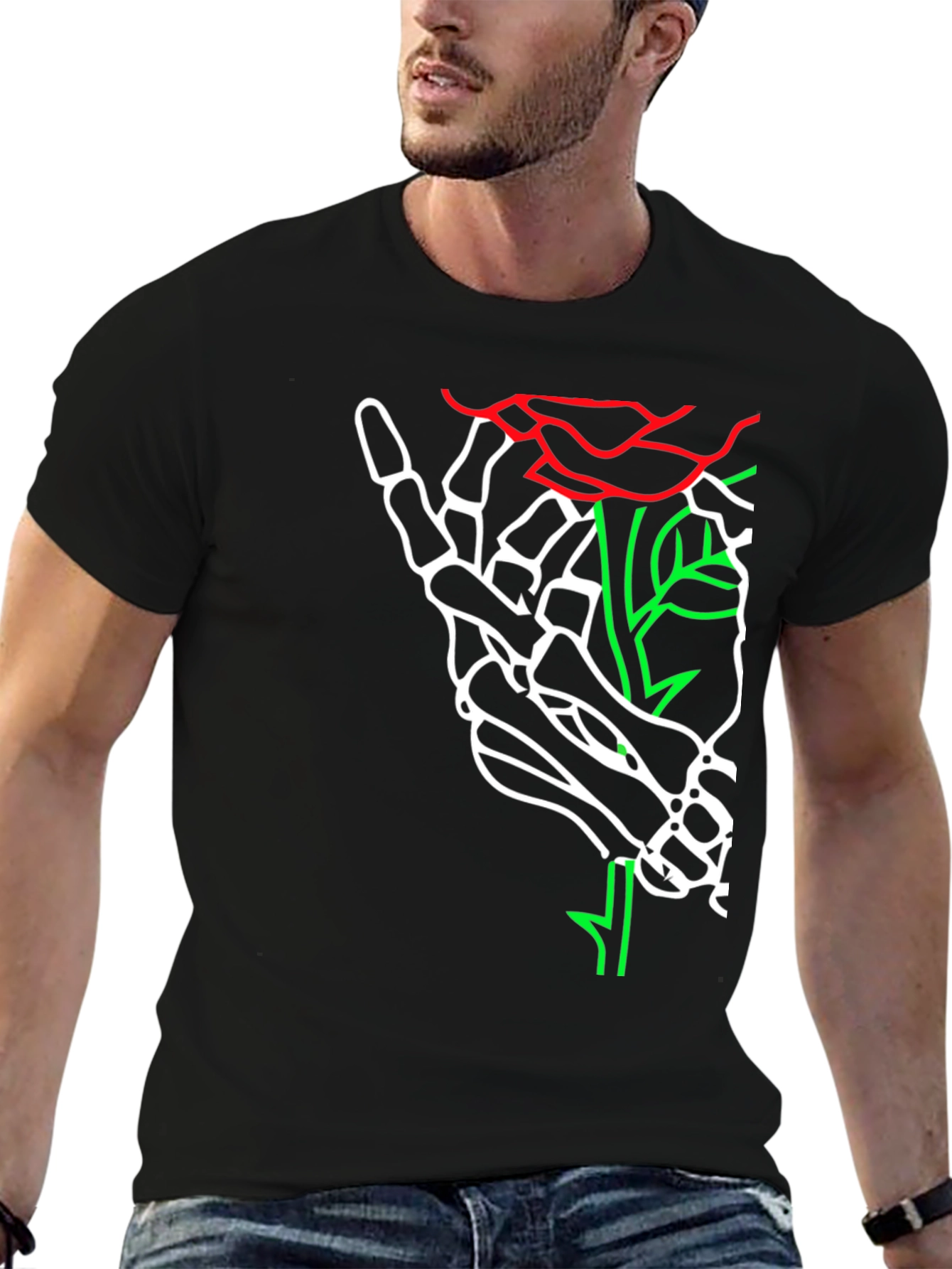 Skeleton Hand Rose Graphic Tee - Bold Black T-Shirt