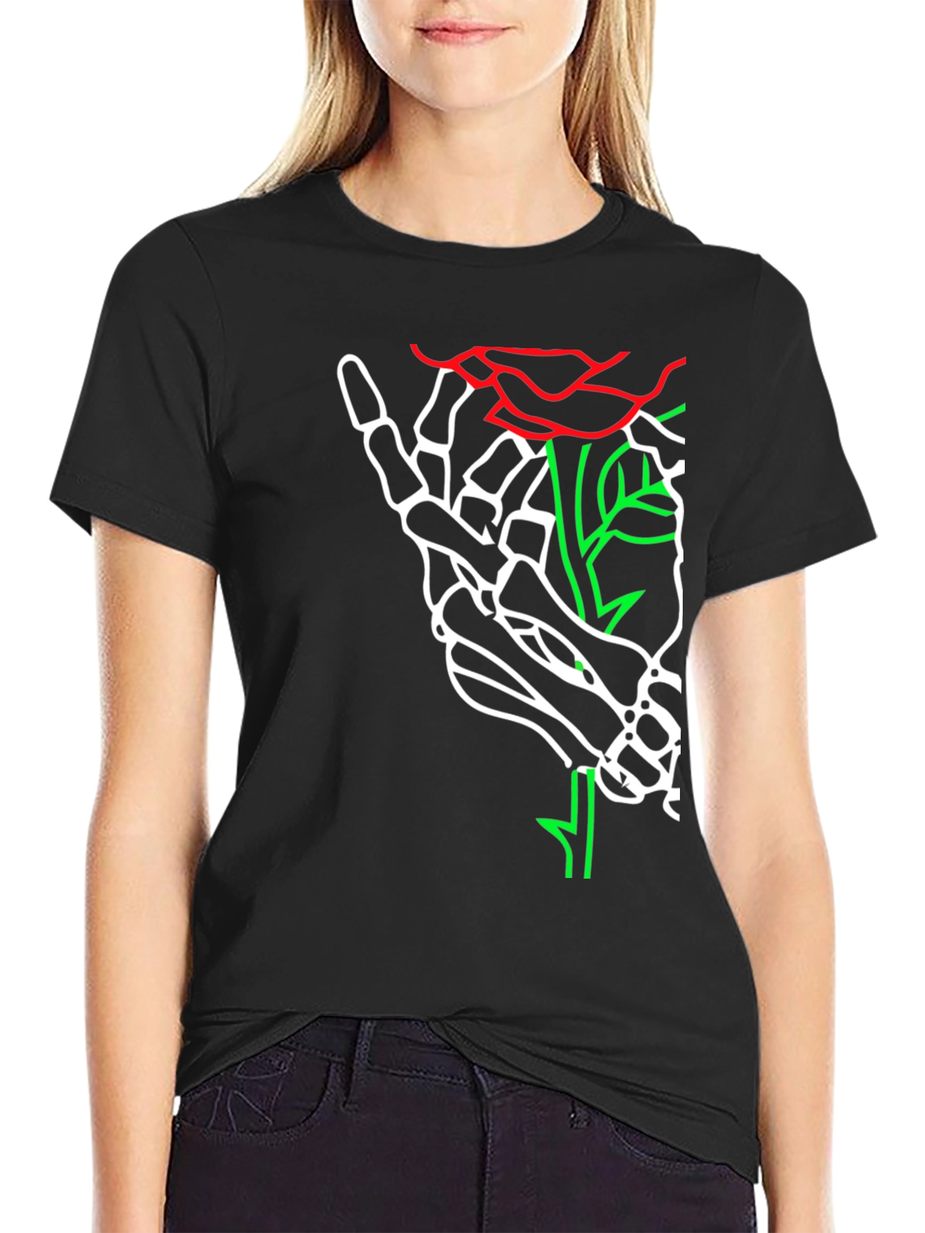 Skeleton Hand Rose Graphic Tee - Bold Black T-Shirt