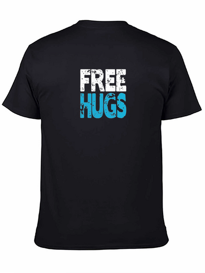Free Hugs Graphic T-Shirt - Black Cotton Casual Tee