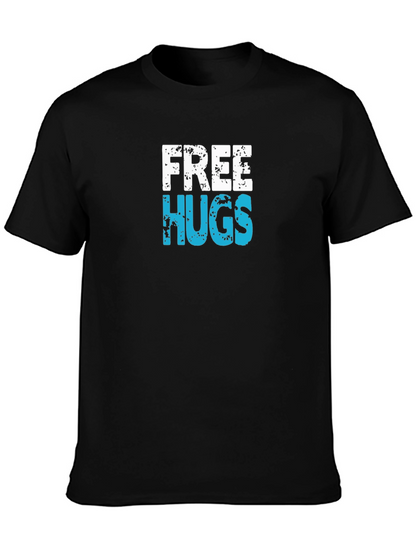 Free Hugs Graphic T-Shirt - Black Cotton Casual Tee