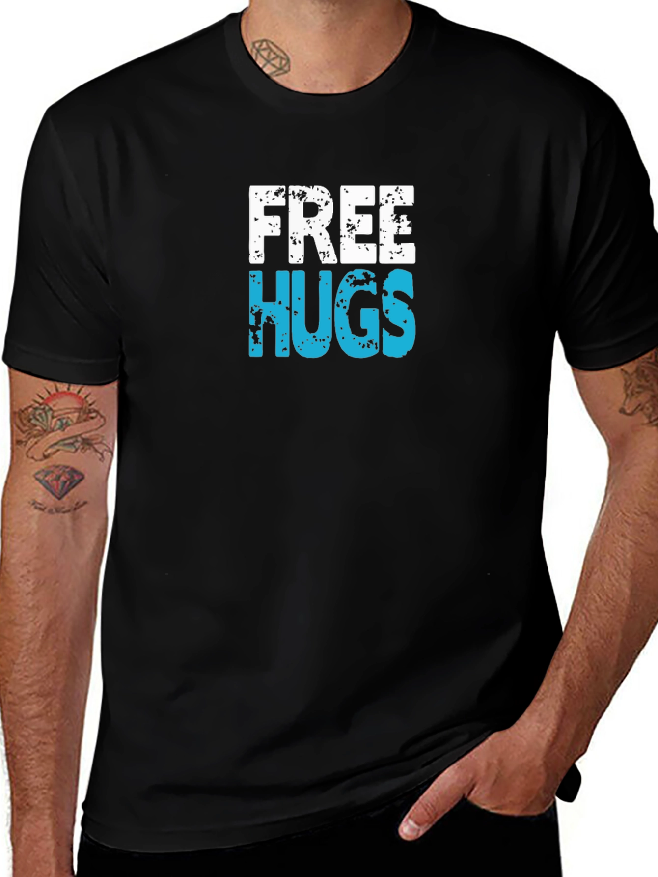 Free Hugs Graphic T-Shirt - Black Cotton Casual Tee