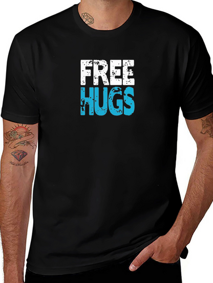 Free Hugs Graphic T-Shirt - Black Cotton Casual Tee