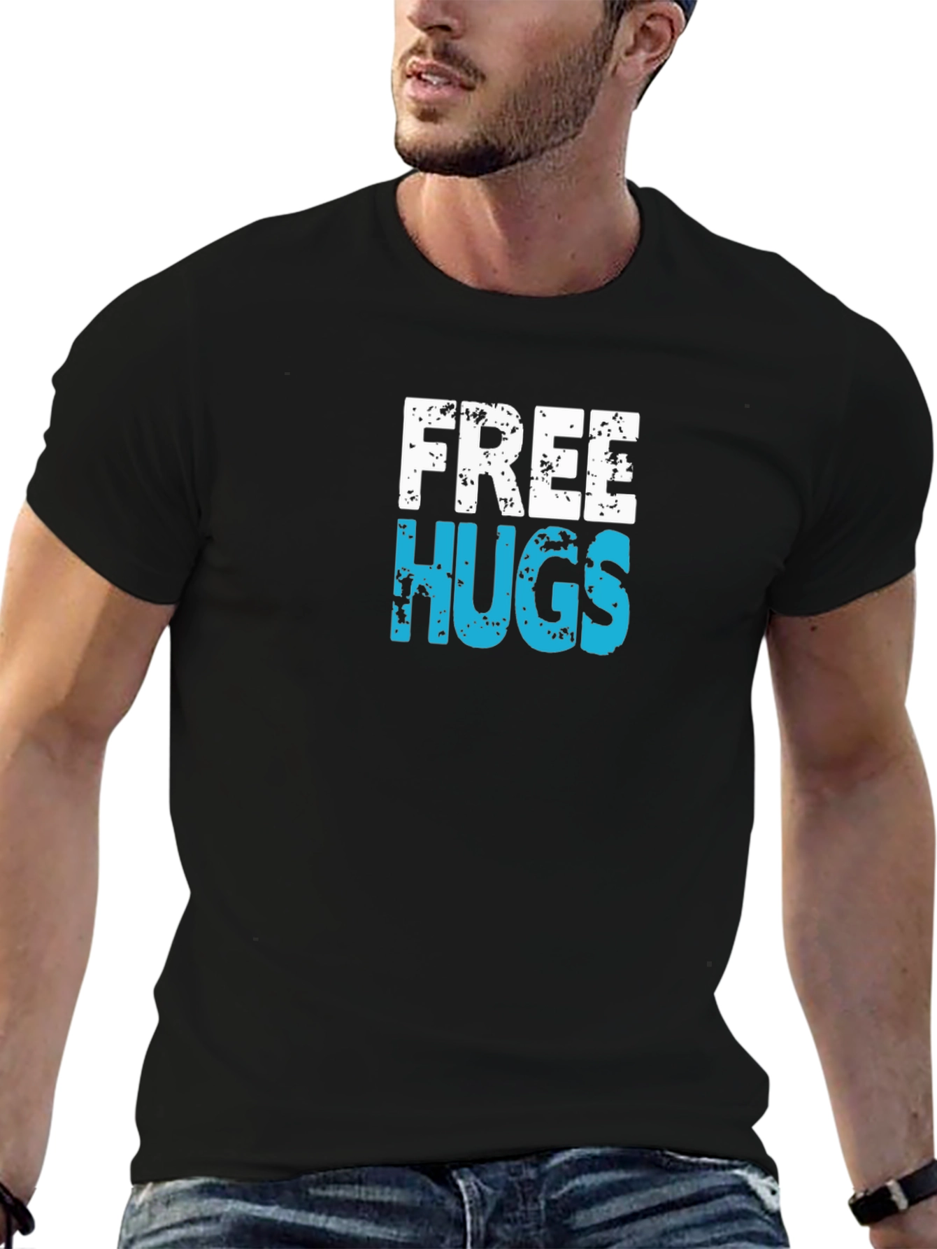 Free Hugs Graphic T-Shirt - Black Cotton Casual Tee