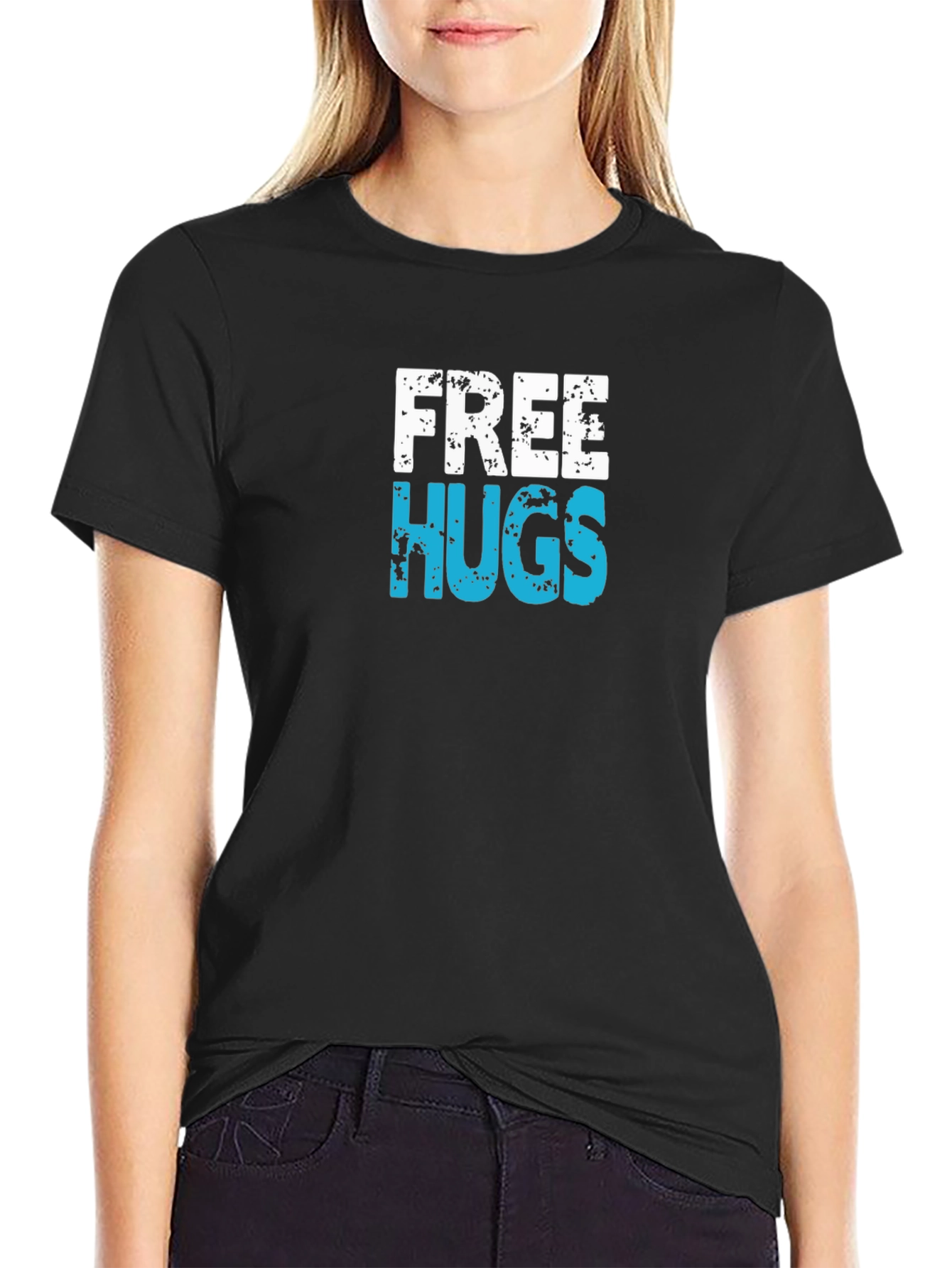 Free Hugs Graphic T-Shirt - Black Cotton Casual Tee