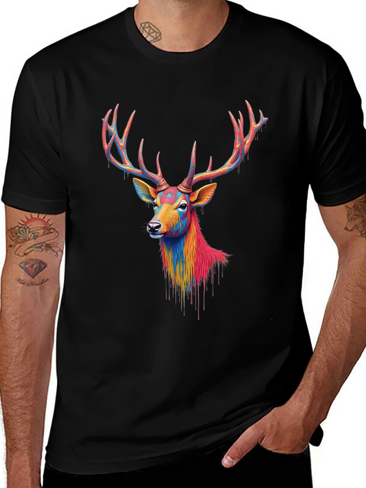 Colorful Deer Graphic Black T-Shirt