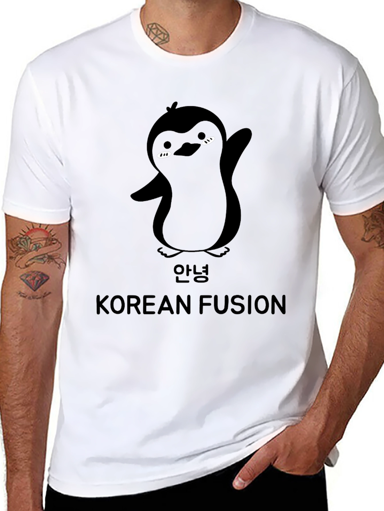 Korean Fusion Penguin Graphic T-Shirt - Black