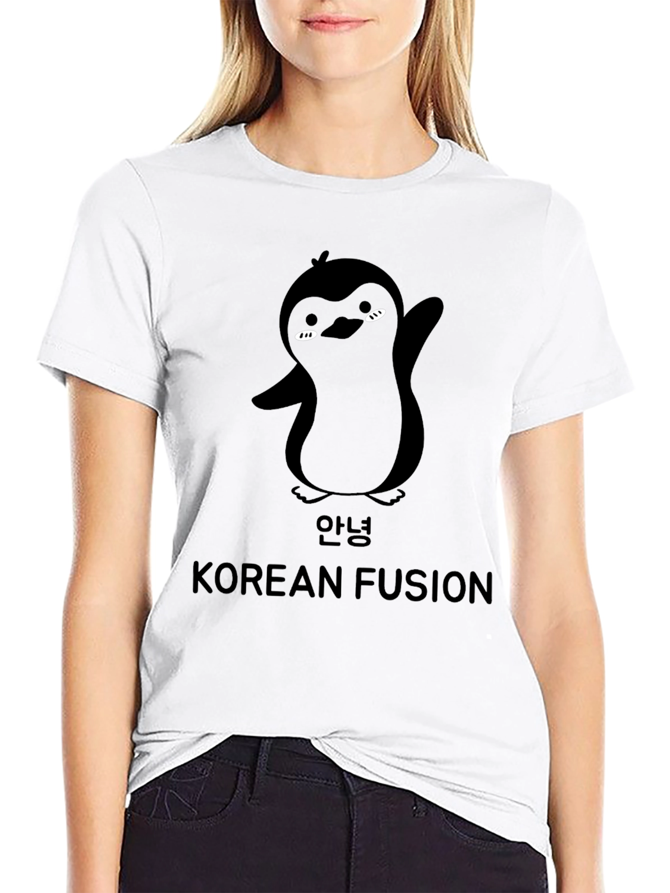 Korean Fusion Penguin Graphic T-Shirt - Black