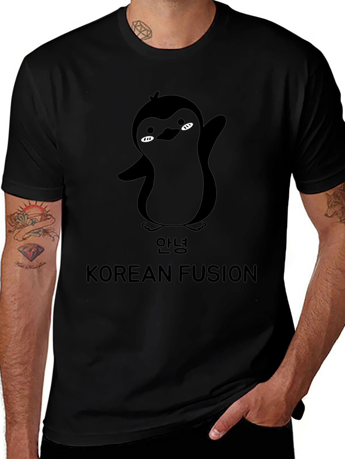 Korean Fusion Penguin Graphic T-Shirt - Black