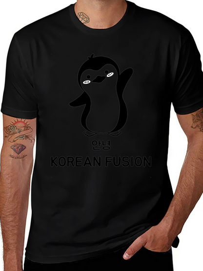 Korean Fusion Penguin Graphic T-Shirt - Black