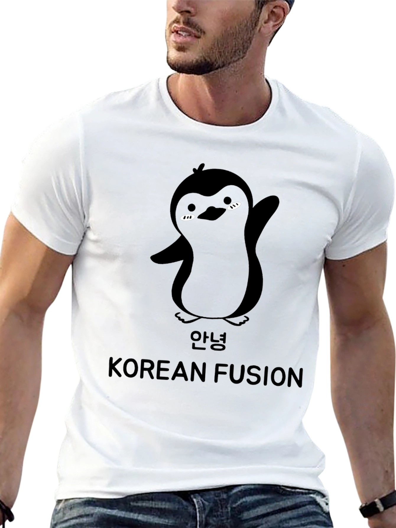 Korean Fusion Penguin Graphic T-Shirt - Black