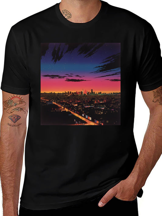 Night Cityscape Graphic Tee - Retro Vaporwave Style