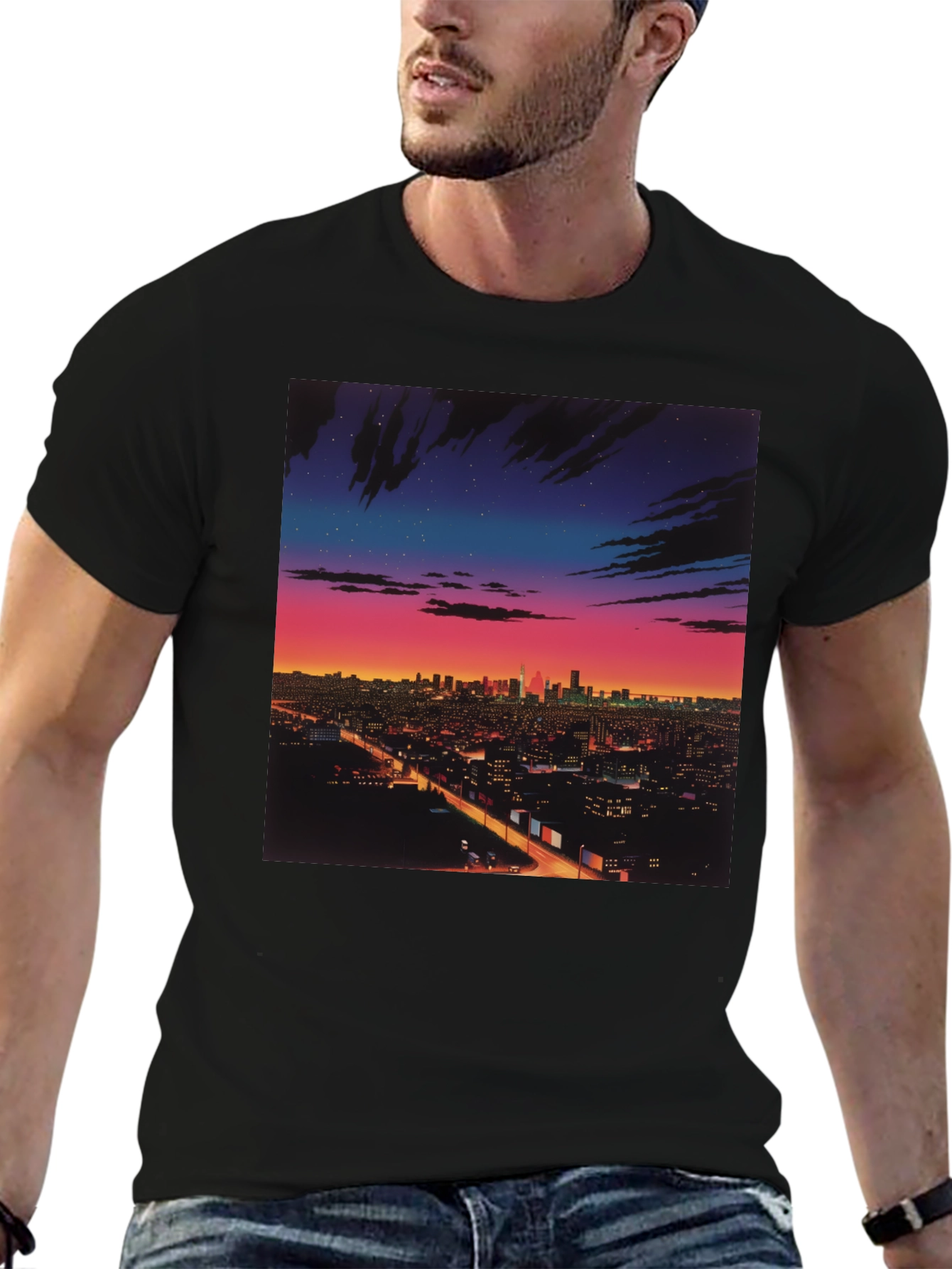 Night Cityscape Graphic Tee - Retro Vaporwave Style