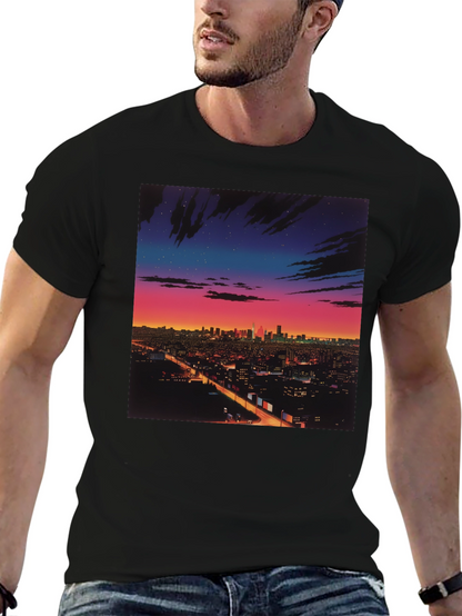 Night Cityscape Graphic Tee - Retro Vaporwave Style