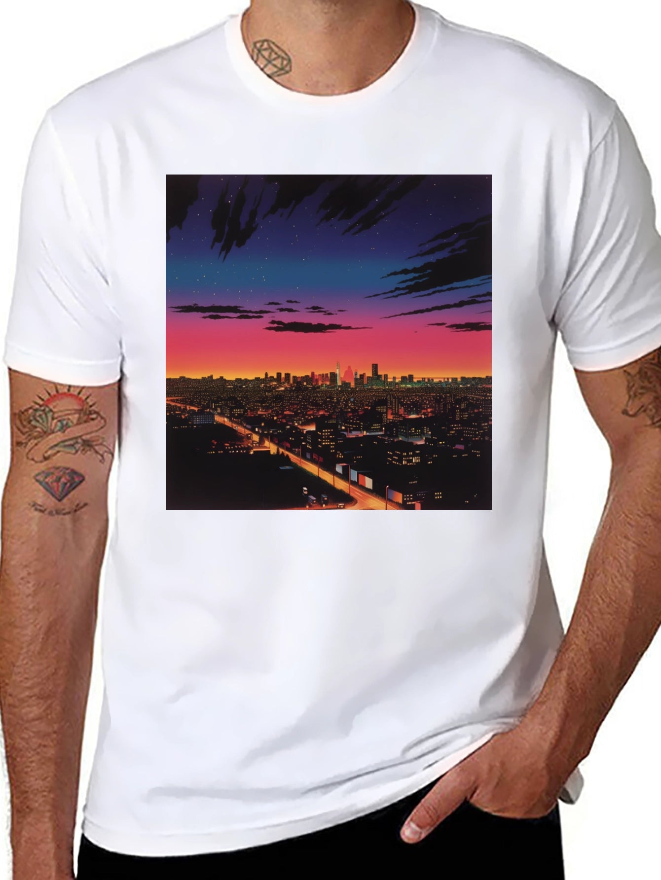 Night Cityscape Graphic Tee - Retro Vaporwave Style