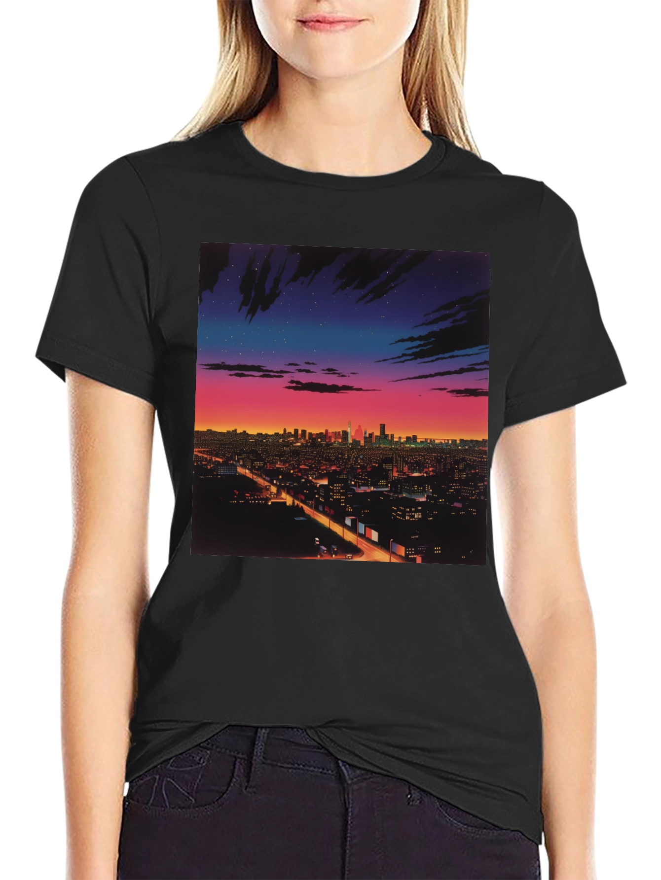 Night Cityscape Graphic Tee - Retro Vaporwave Style