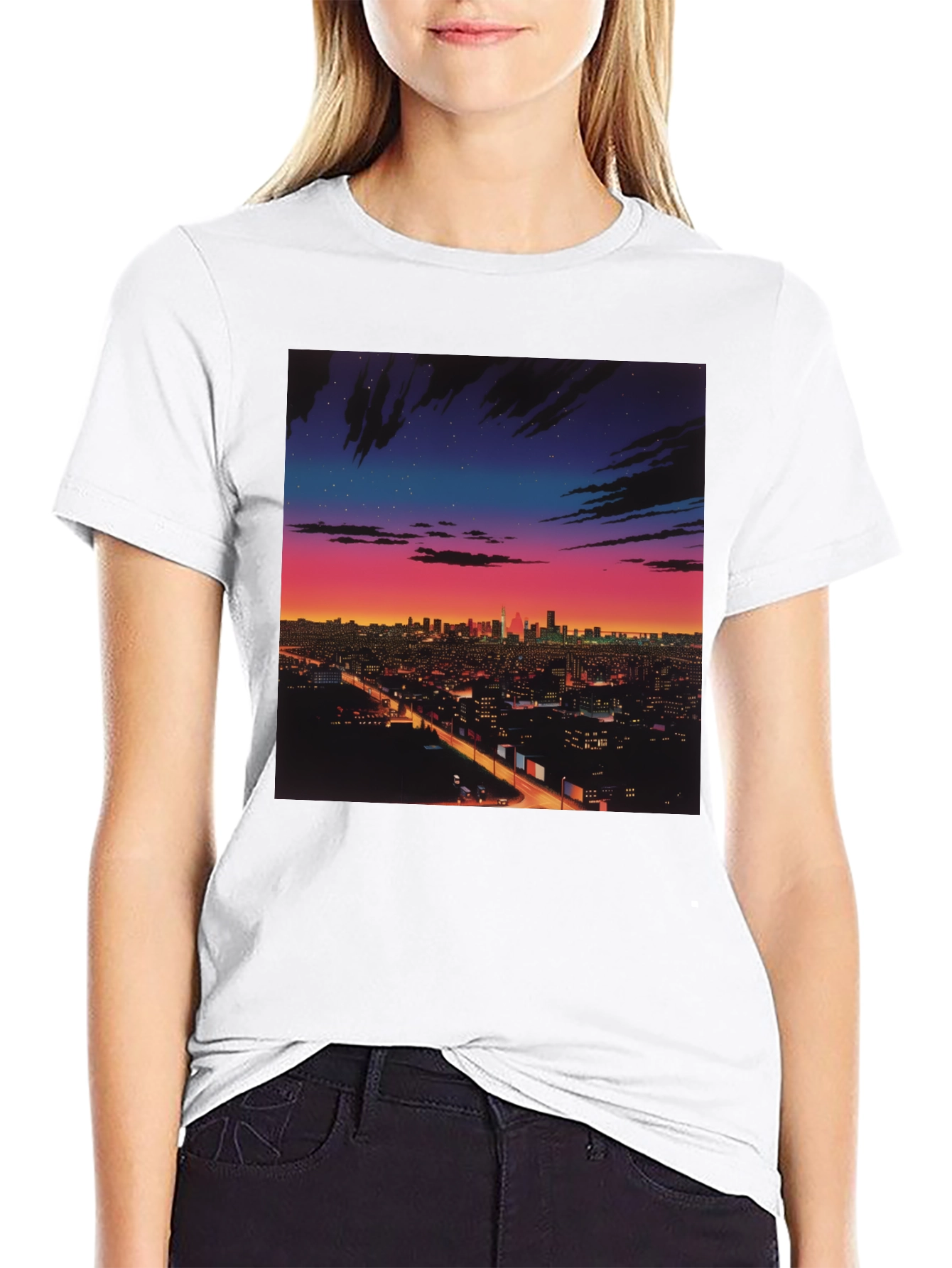 Night Cityscape Graphic Tee - Retro Vaporwave Style