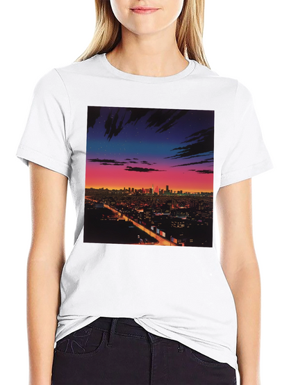 Night Cityscape Graphic Tee - Retro Vaporwave Style
