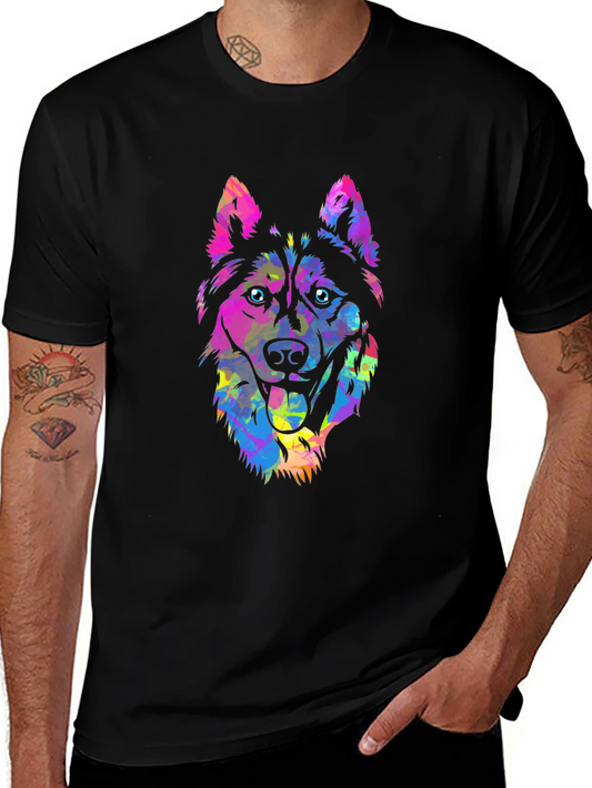 Colorful Husky Dog Graphic Print T-Shirt