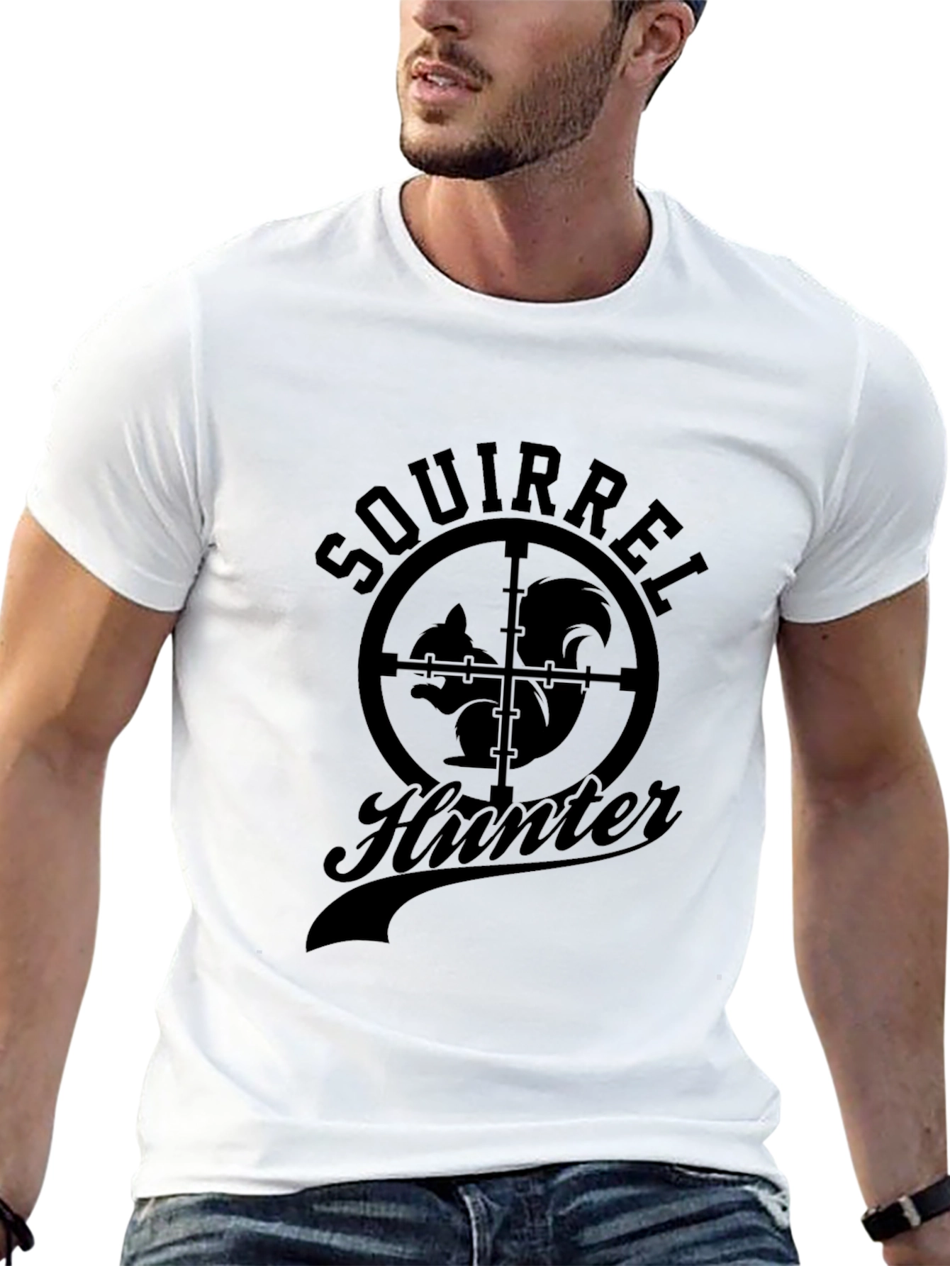 Squirrel Hunter Graphic T-Shirt - Black Crew Neck Tee