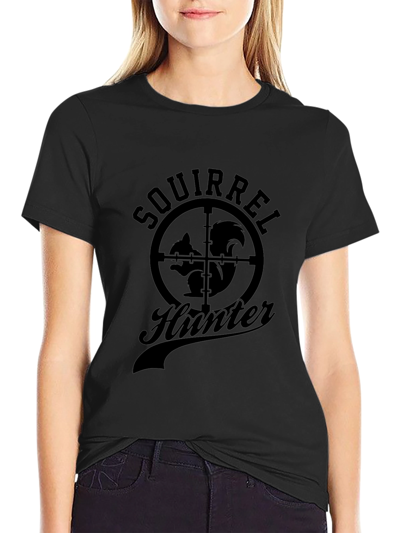 Squirrel Hunter Graphic T-Shirt - Black Crew Neck Tee