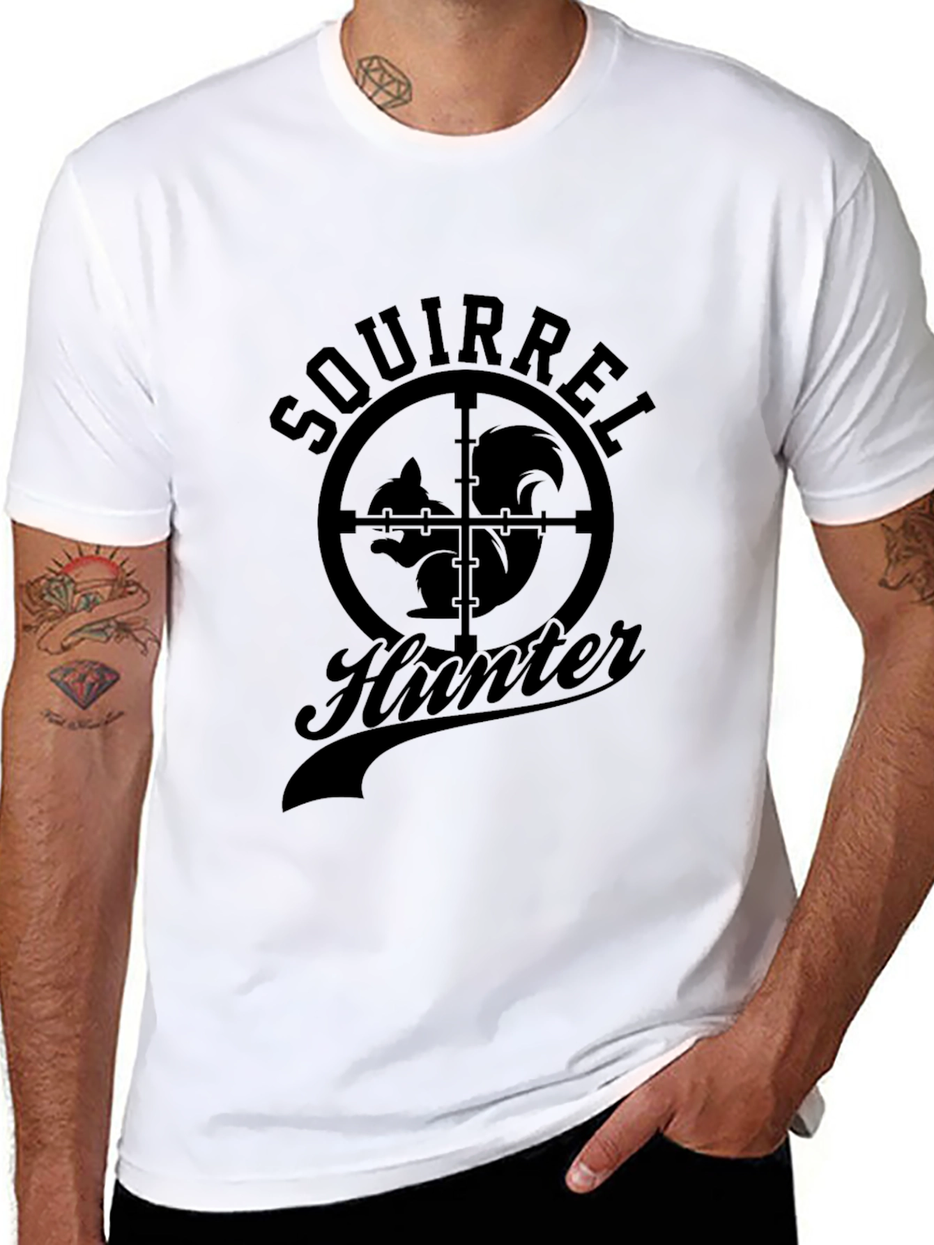 Squirrel Hunter Graphic T-Shirt - Black Crew Neck Tee