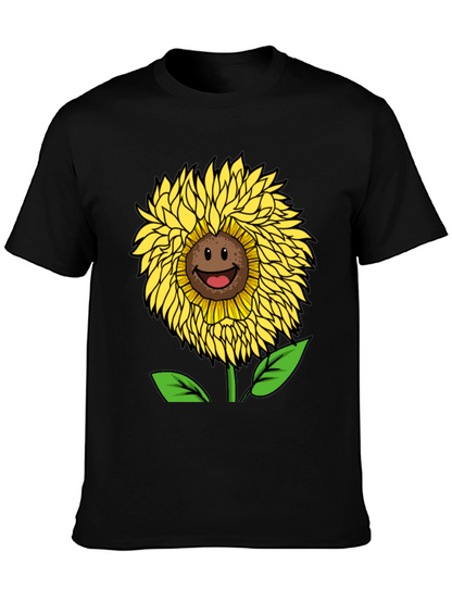 Smiling Sunflower Graphic Tee - Black Cotton Blend