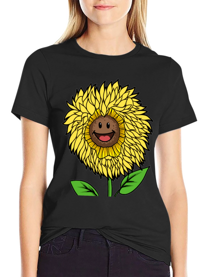 Smiling Sunflower Graphic Tee - Black Cotton Blend