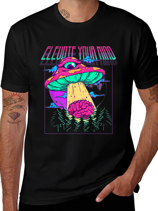 Elevate Your Mind Graphic T-Shirt - Retro Psychedelic Mushroom UFO