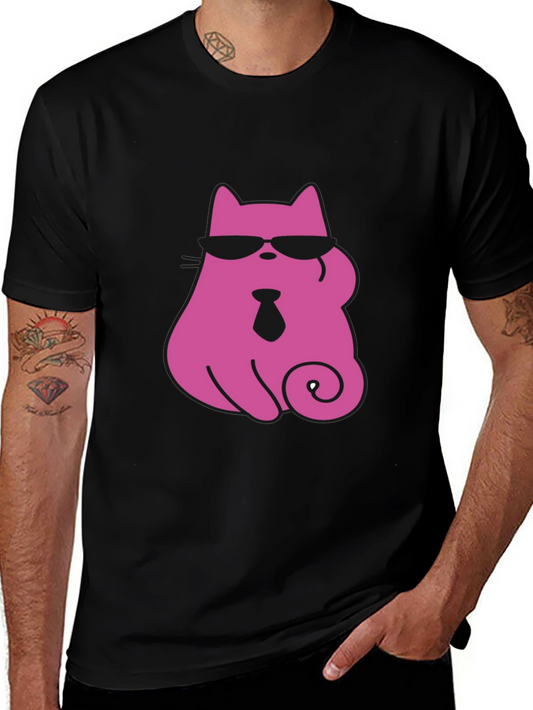 Cool Cat Tee - Pink Cat with Shades & Tie Black T-Shirt