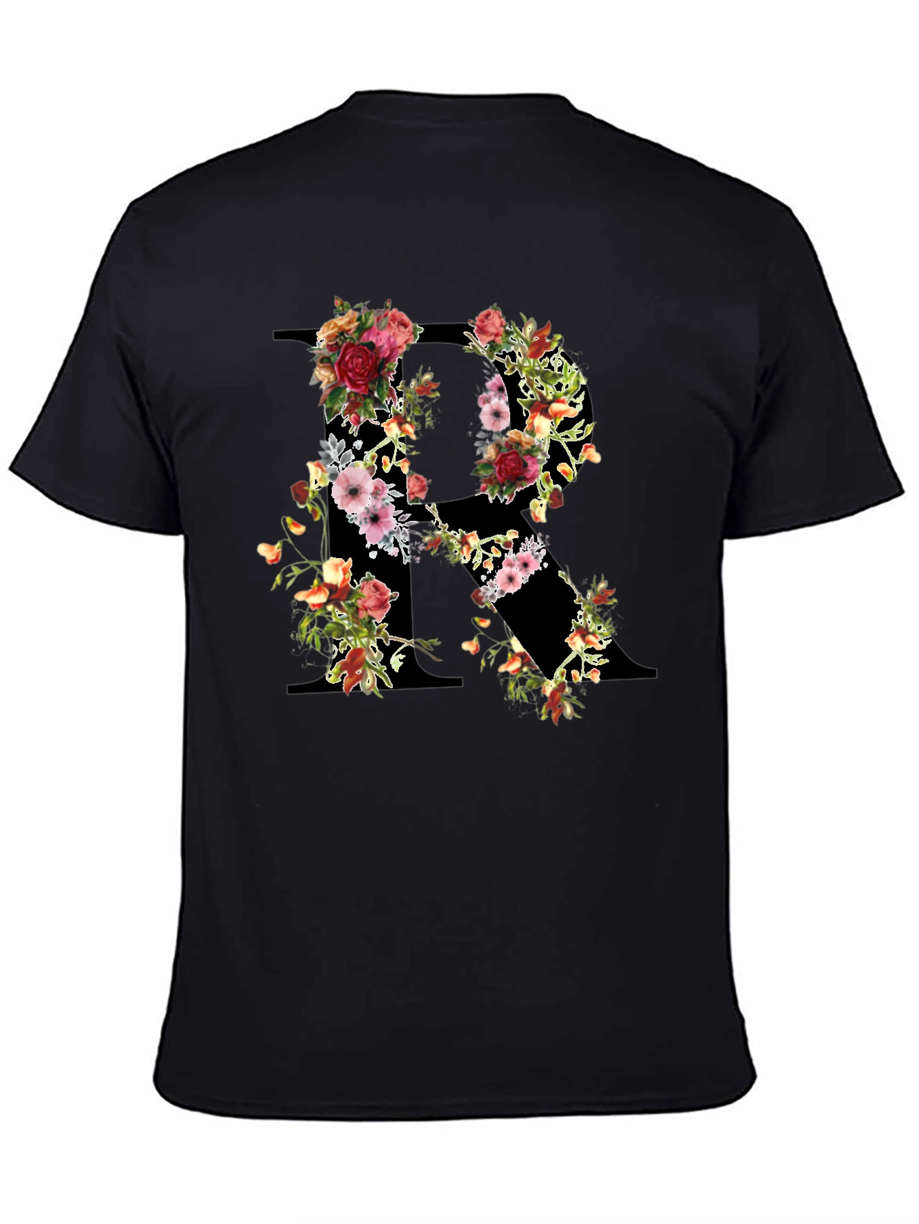 Floral Initial R Black T-Shirt