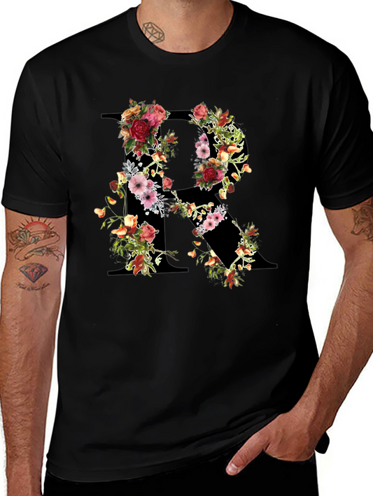 Floral Initial R Black T-Shirt