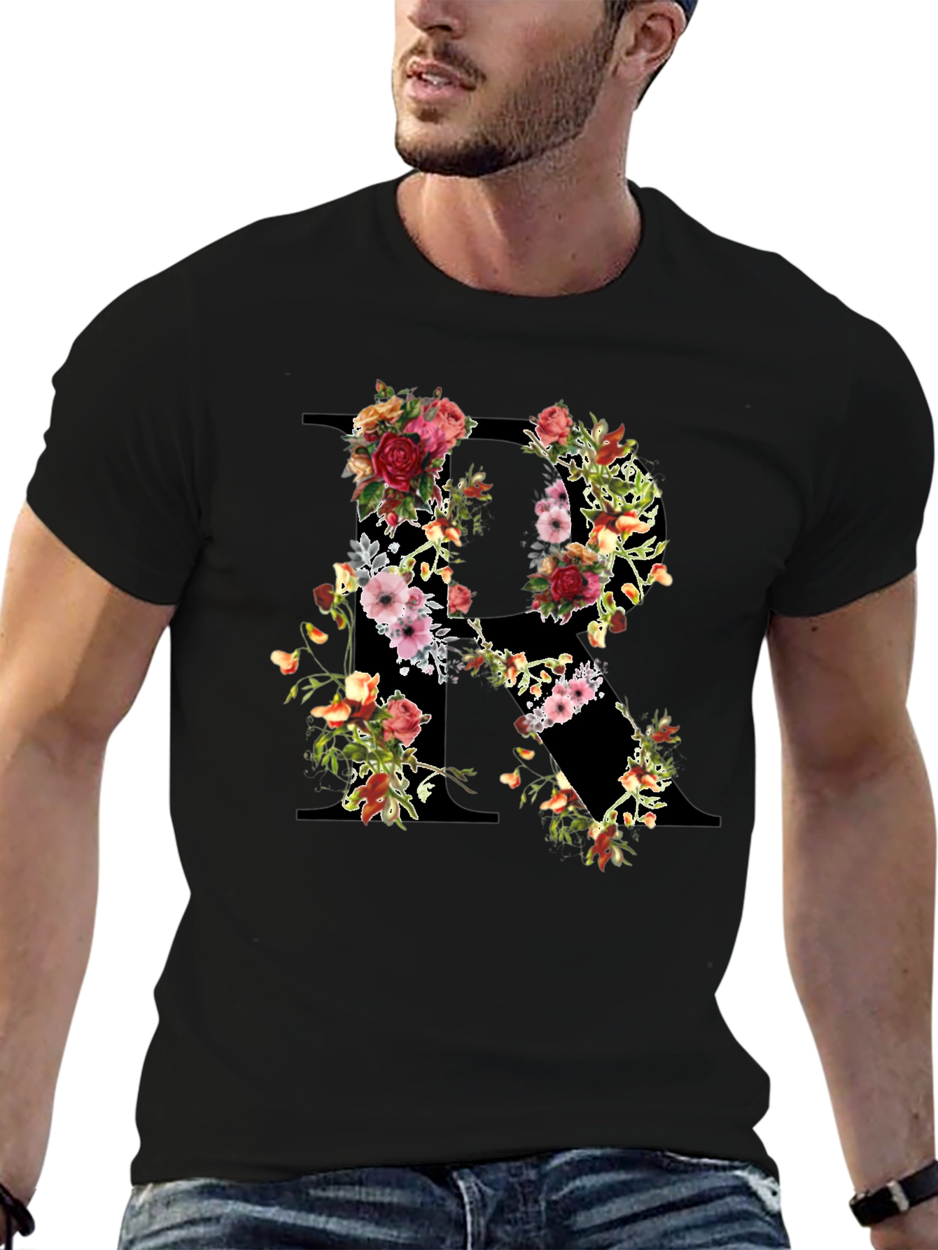 Floral Initial R Black T-Shirt
