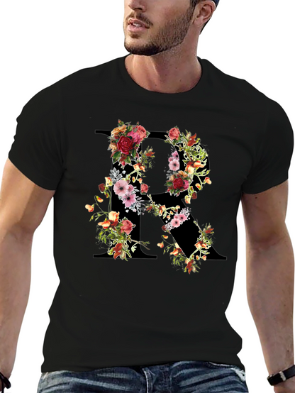Floral Initial R Black T-Shirt