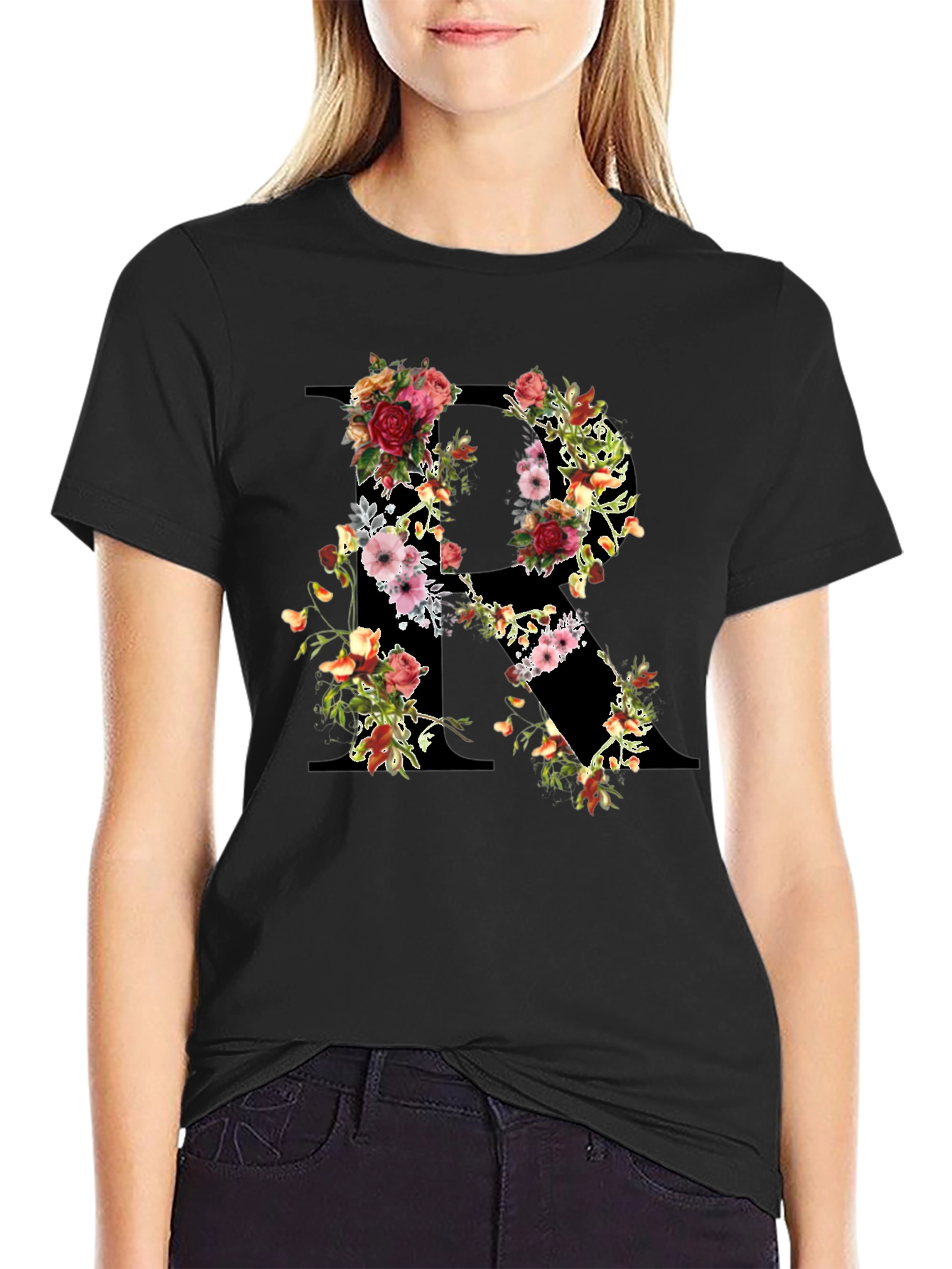 Floral Initial R Black T-Shirt