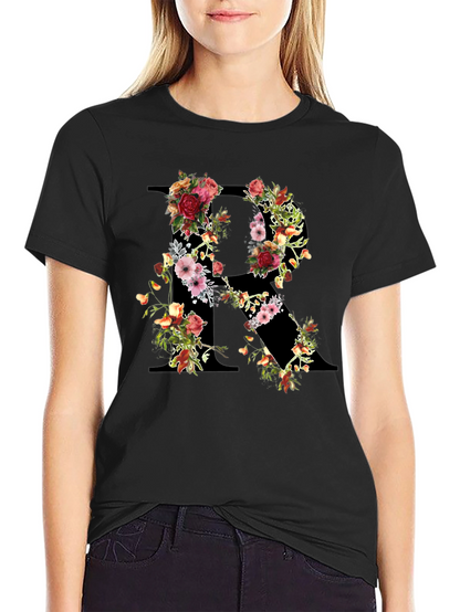 Floral Initial R Black T-Shirt