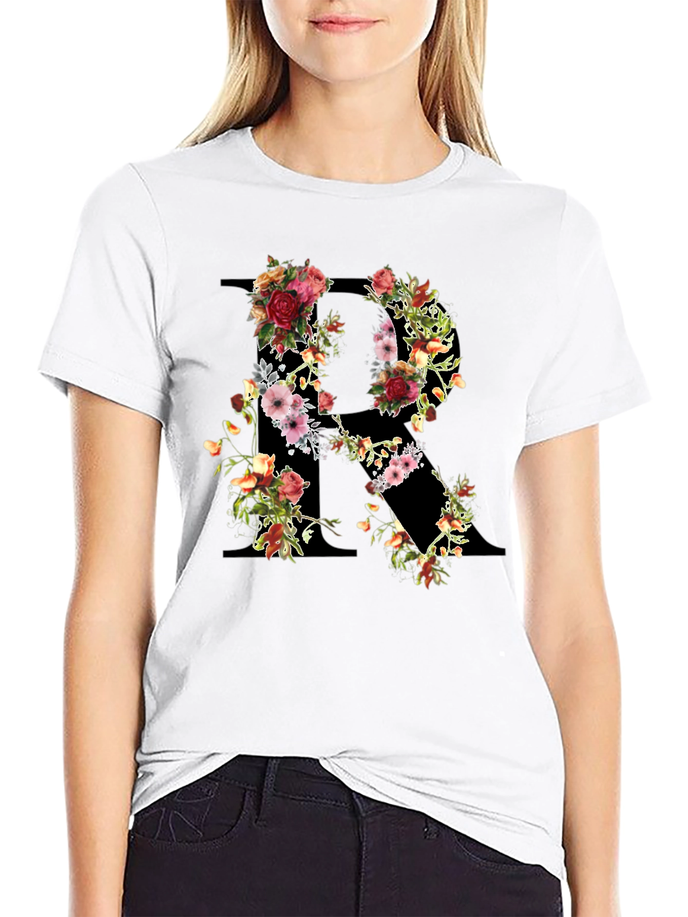 Floral Initial R Black T-Shirt