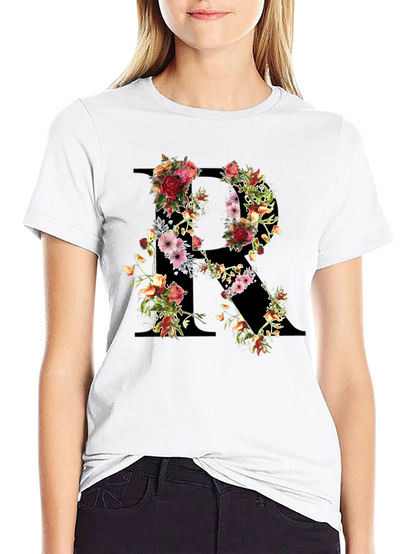 Floral Initial R Black T-Shirt