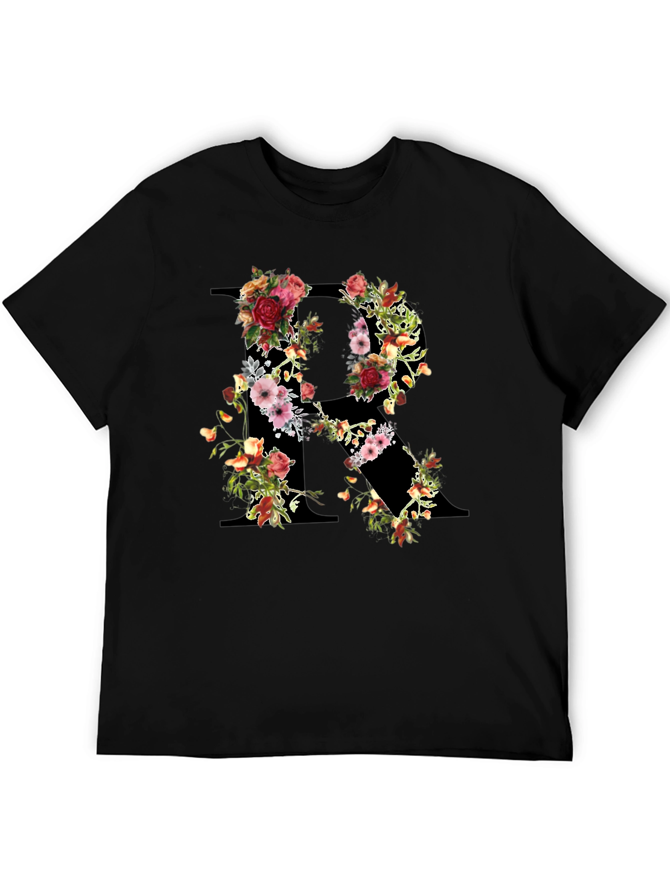 Floral Initial R Black T-Shirt