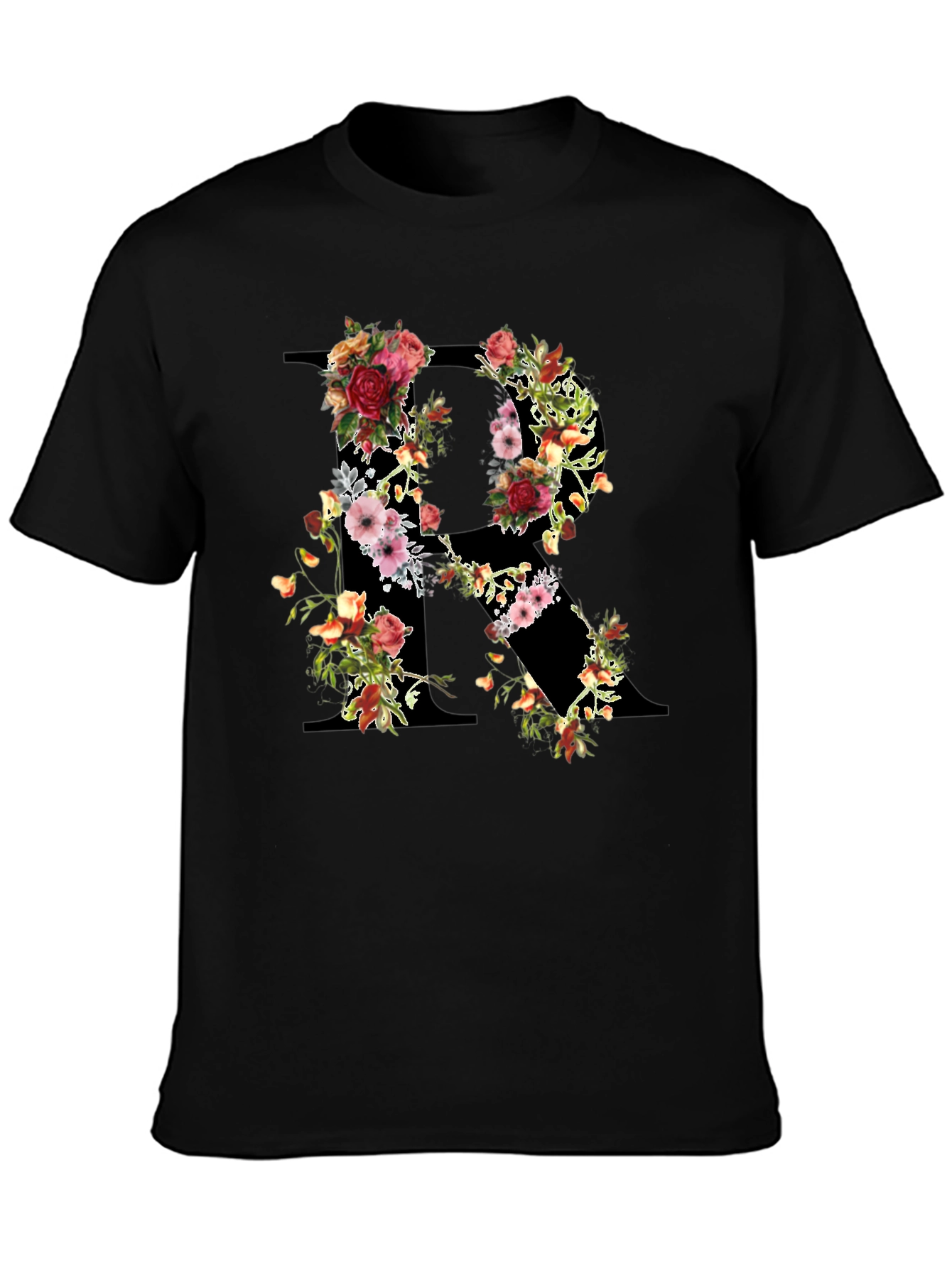 Floral Initial R Black T-Shirt