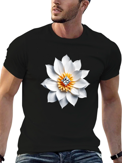 Black T-Shirt with White Floral Diamond Design