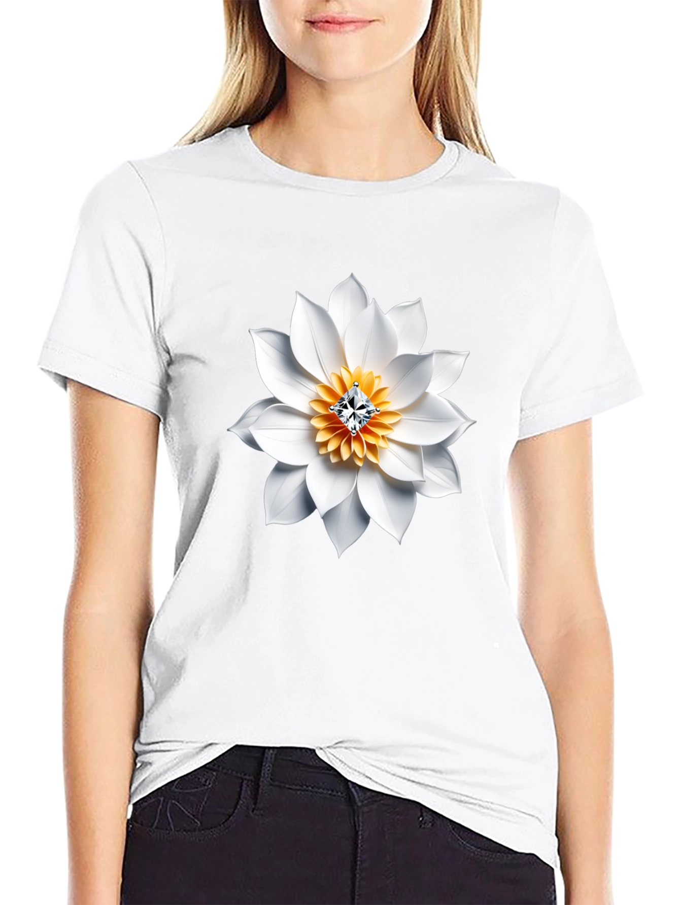 Black T-Shirt with White Floral Diamond Design