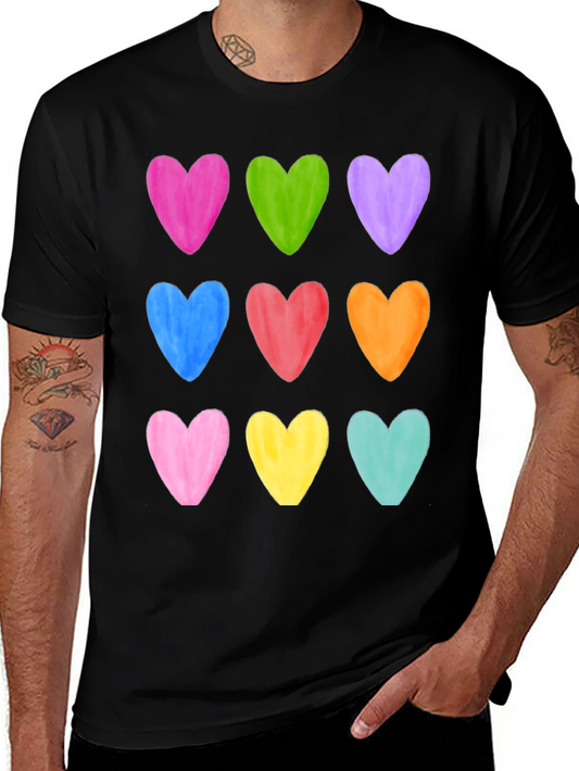 Colorful Hearts Graphic Tee - Casual Cotton T-Shirt
