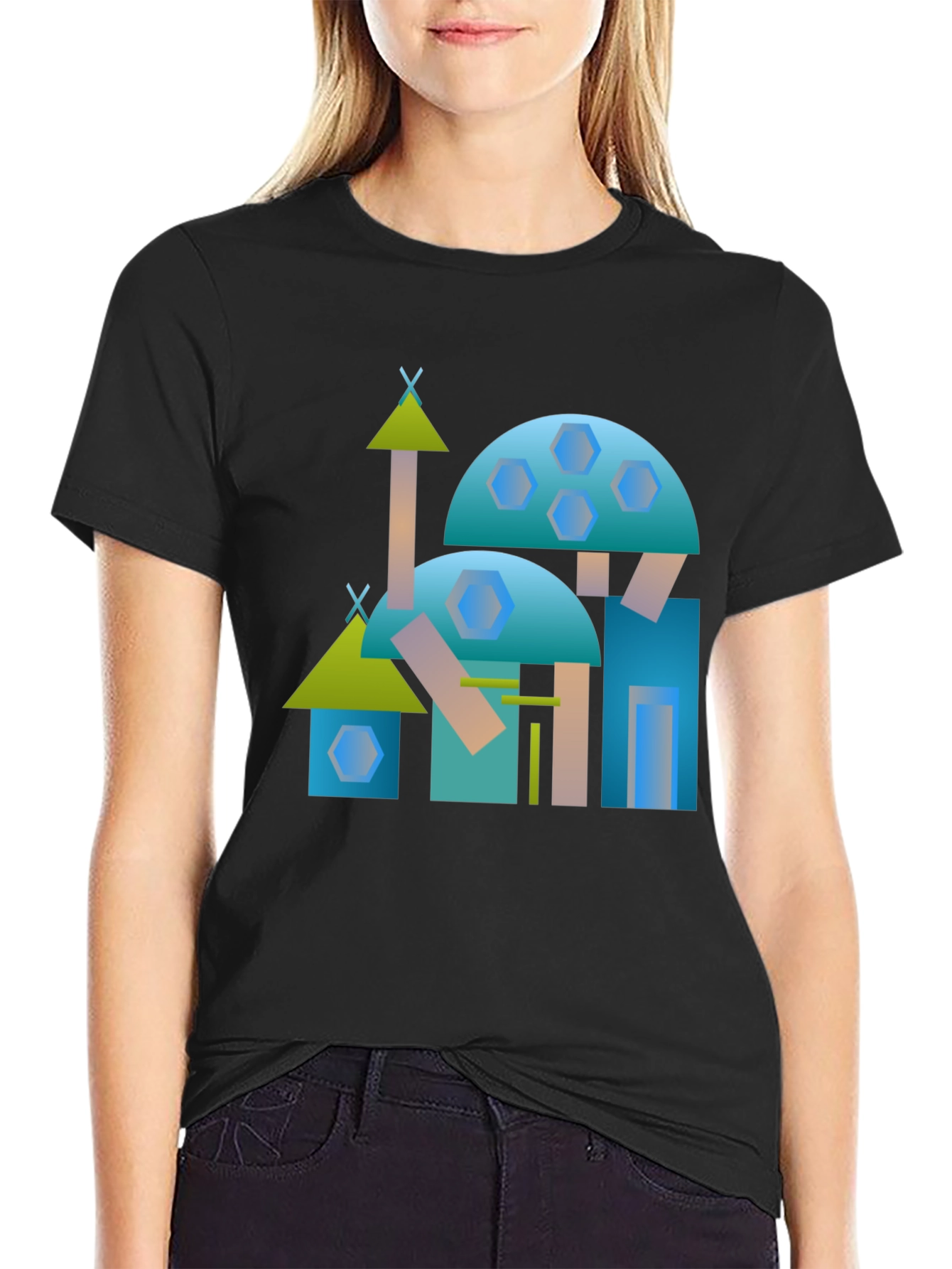 Abstract Geometric Building Black Tee