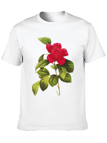 Botanical Camellia Flower Print Black Tee